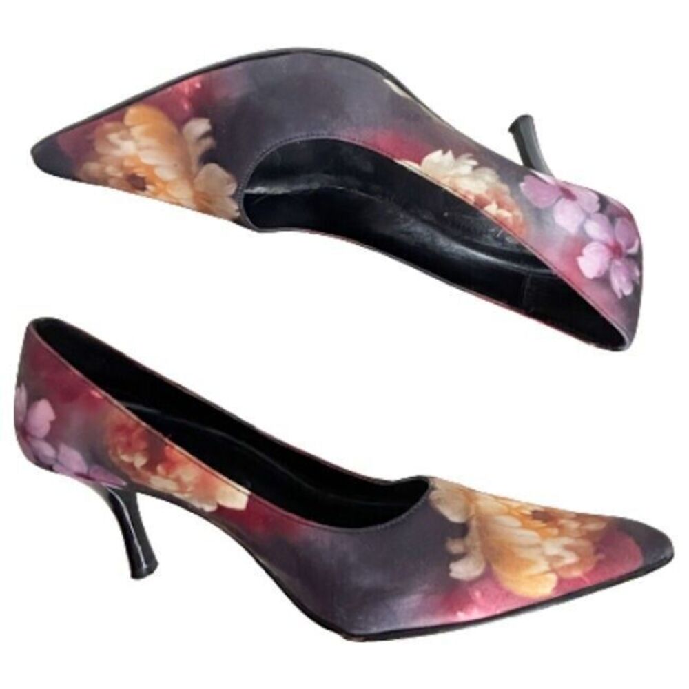 IMPO Shoes 7.5 Satin Stiletto Pumps Pretty Floral Purple Yellow Pink Flowers
